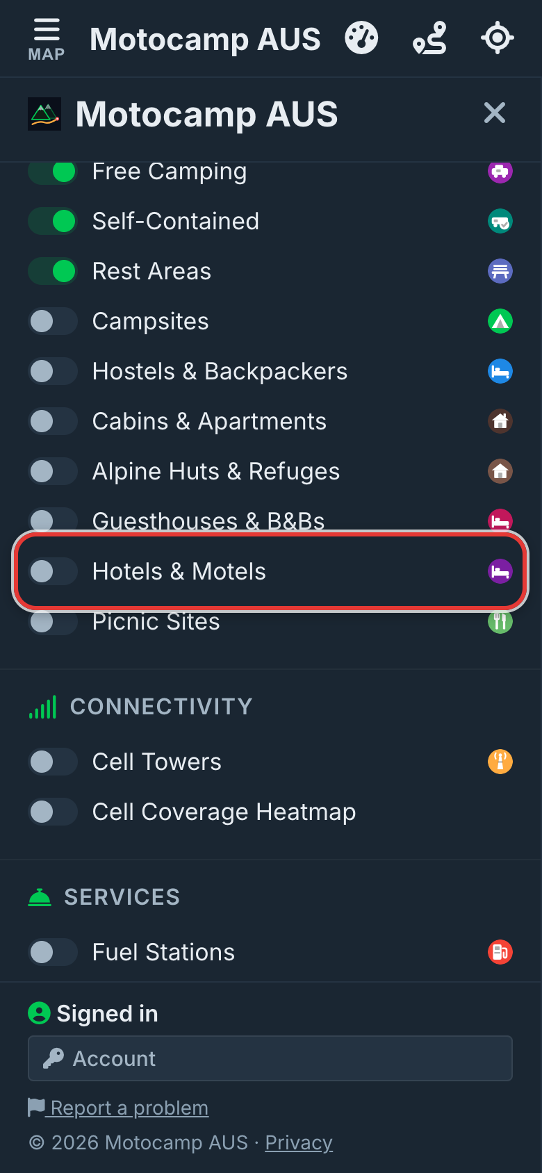 Turn on Hotels & Motels, on a phone