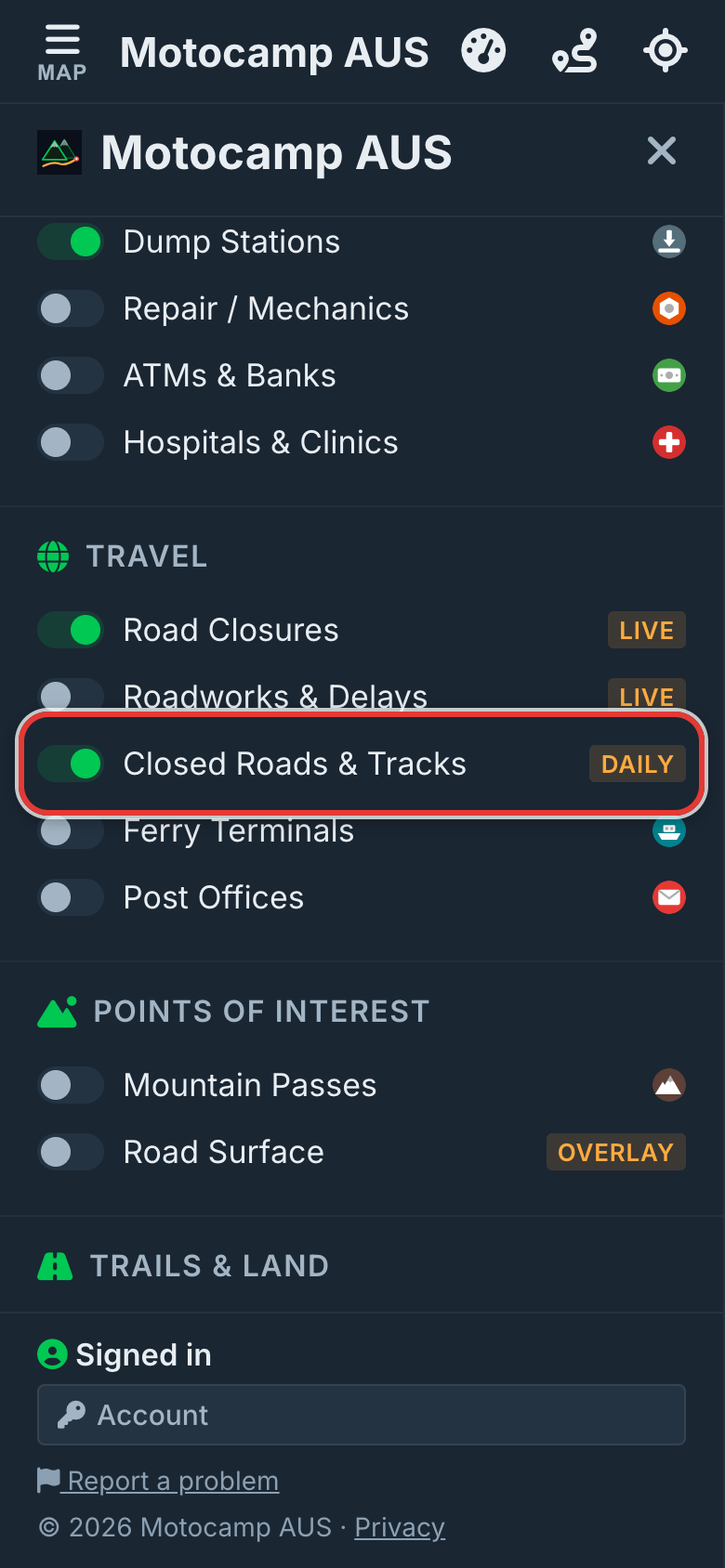 See closed roads on the map, on a phone