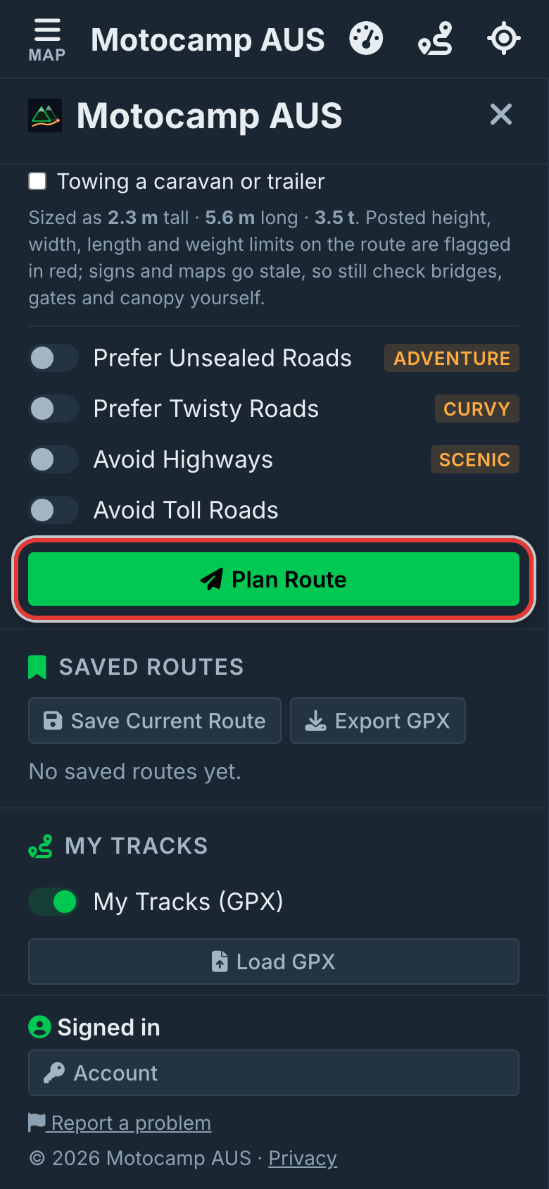 Pick your vehicle, then Plan Route, on a phone