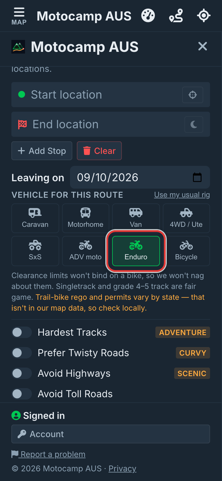 Open Menu, then Route, on a phone