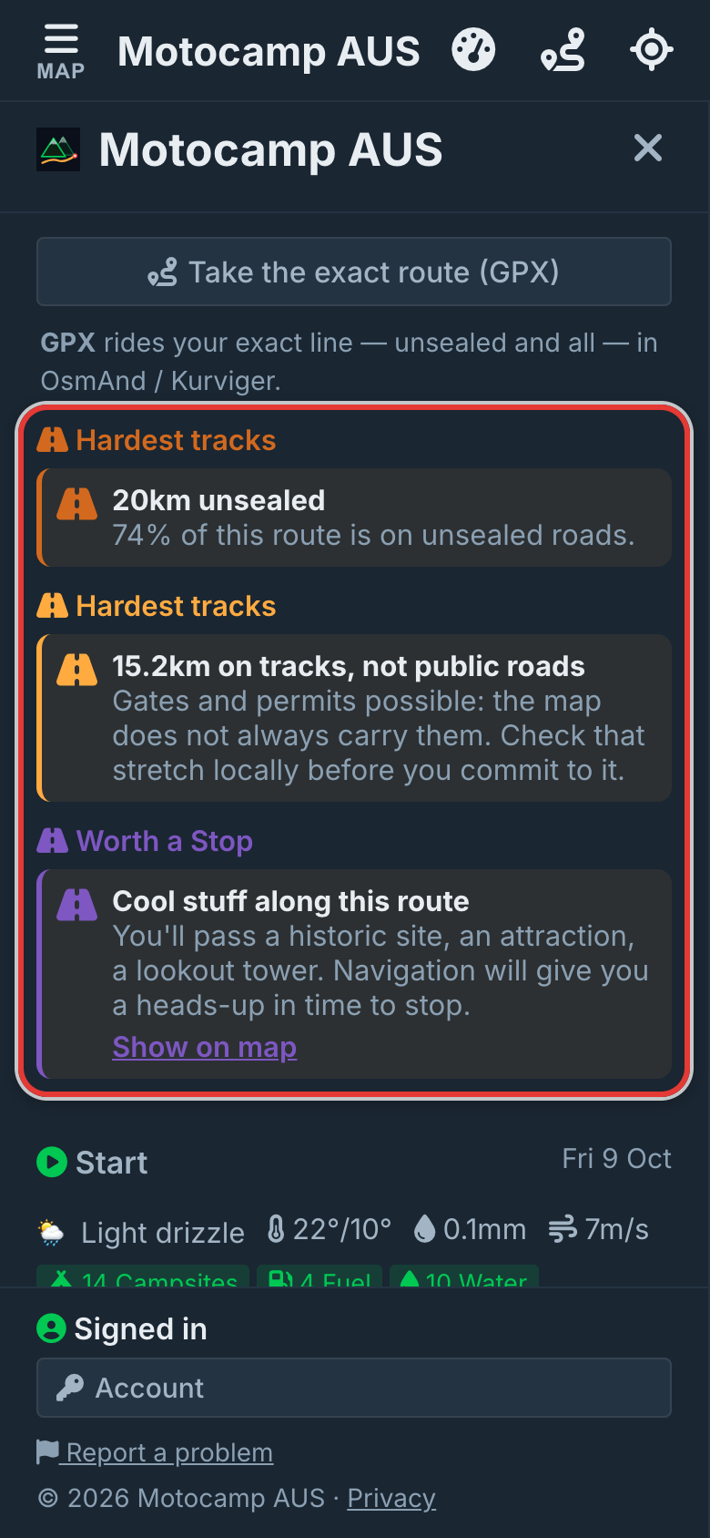 Plan Route and read the notes, on a phone