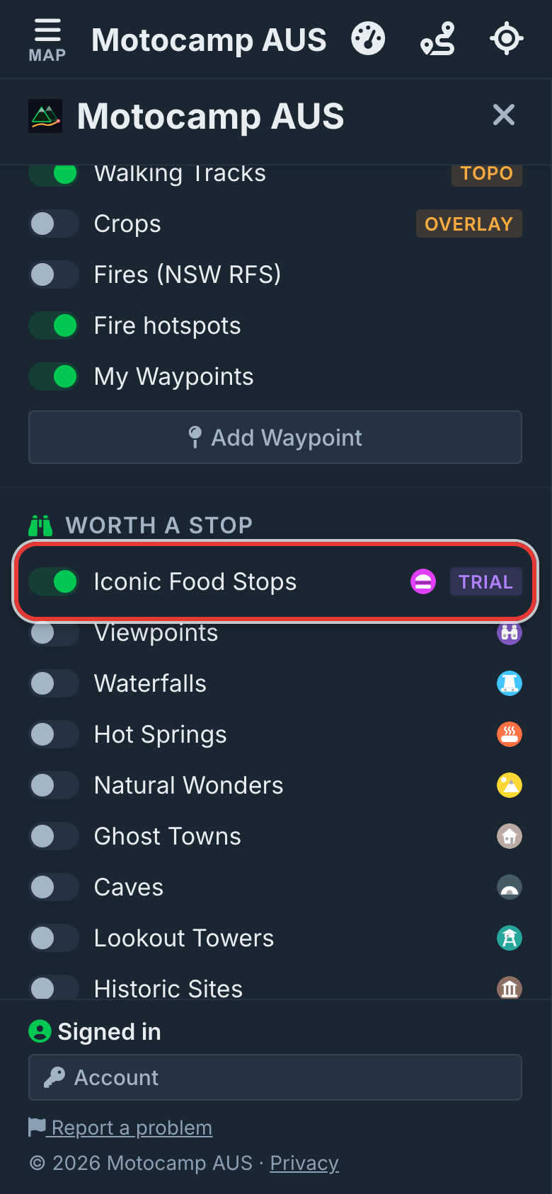Iconic Food Stops, the first switch under Worth a Stop.