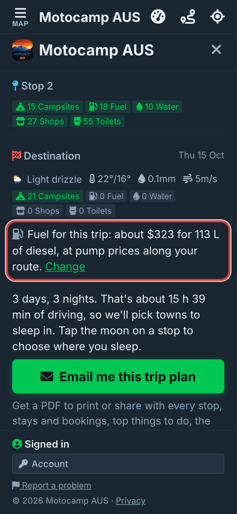 See what the trip costs, on a phone