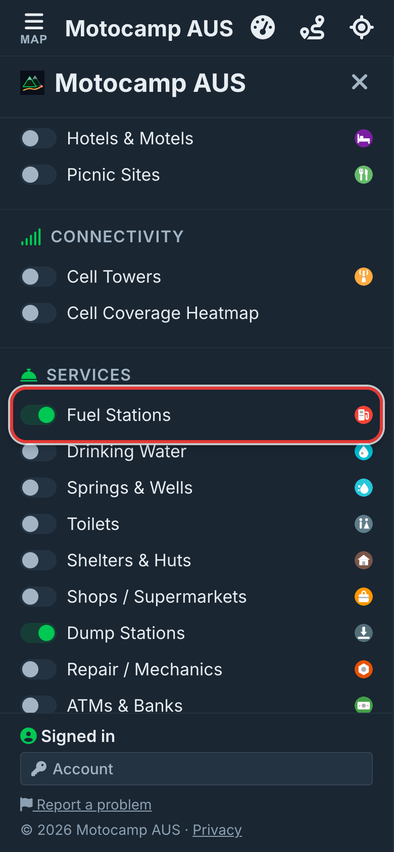 Turn on Fuel Stations, on a phone