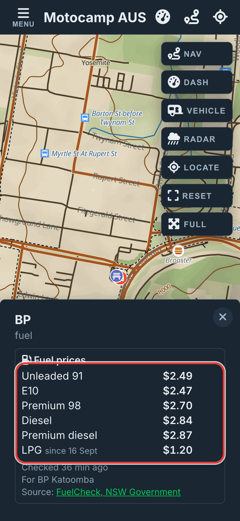 Tap a pin for the prices, on a phone
