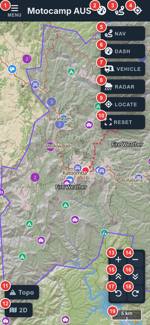The main map on a phone, with each button numbered.