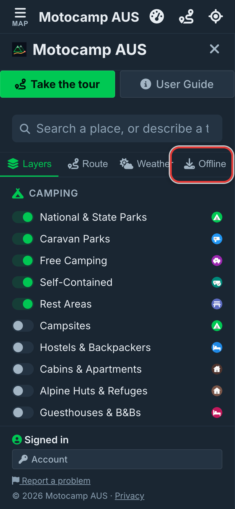 Open Menu, then Offline, on a phone