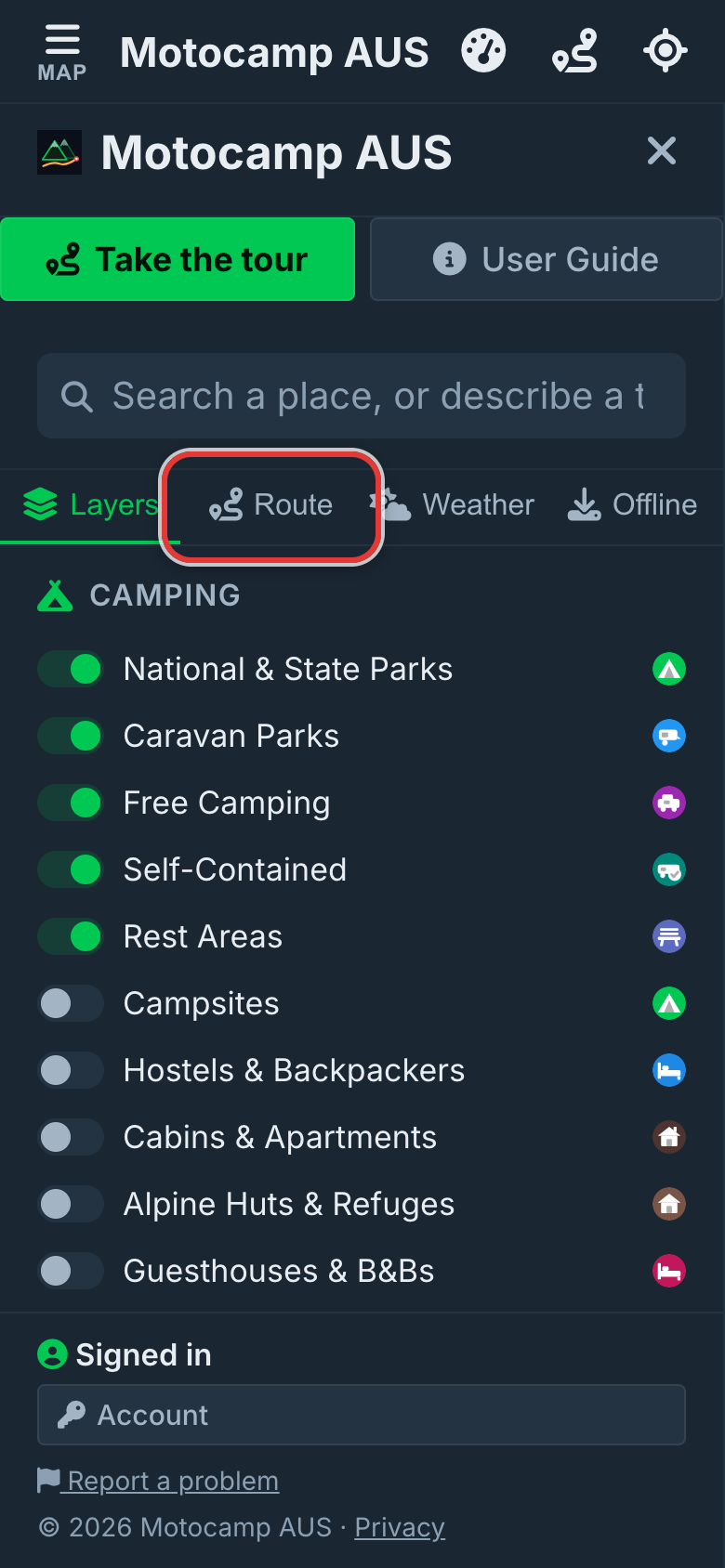 Open Menu, then Route, on a phone