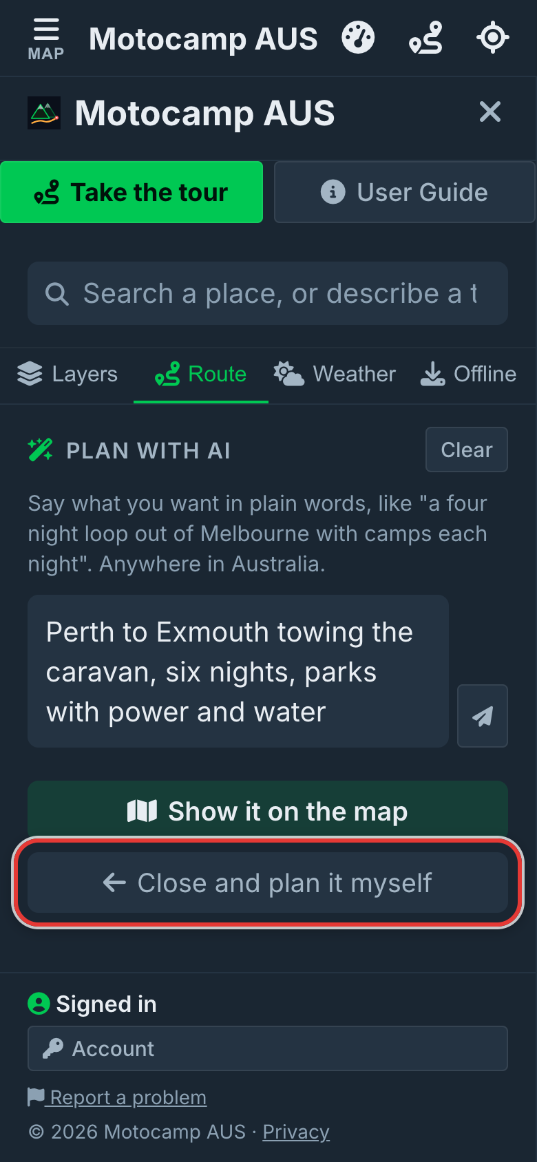 Close AI planner, at the bottom of the planner, also gives the Route tab back.