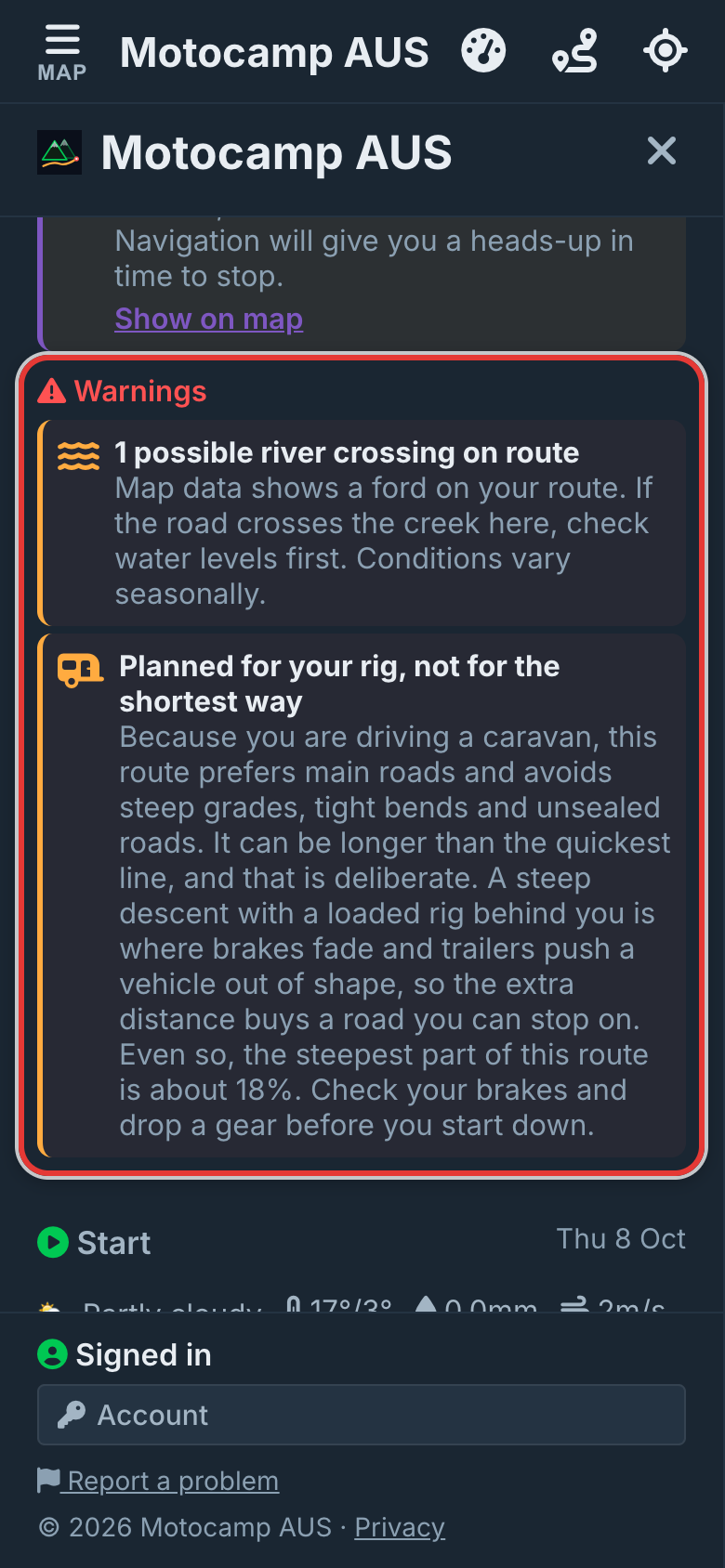 Plan Route, then read Warnings, on a phone