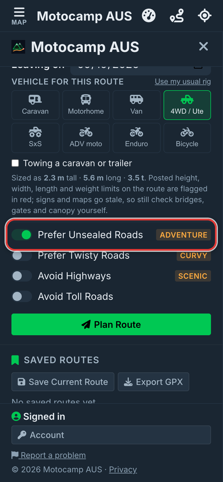 Turn on Prefer Unsealed Roads, on a phone