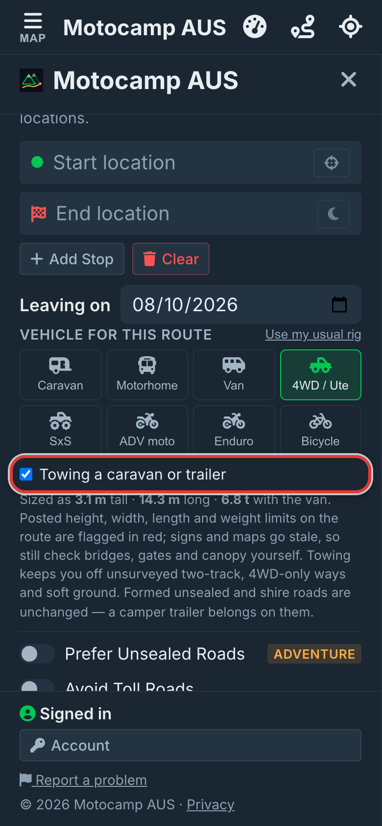 Pick your rig, or tick towing, on a phone