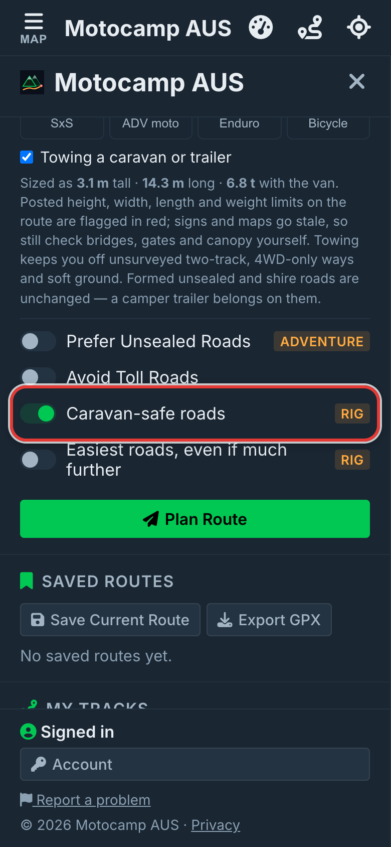Leave Caravan-safe roads on, on a phone
