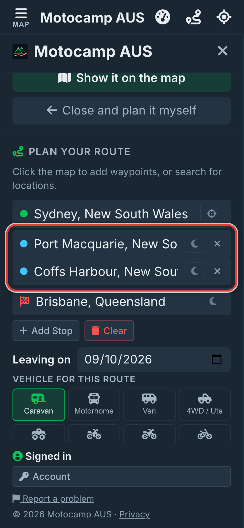 Plan a trip with several stops, on a phone
