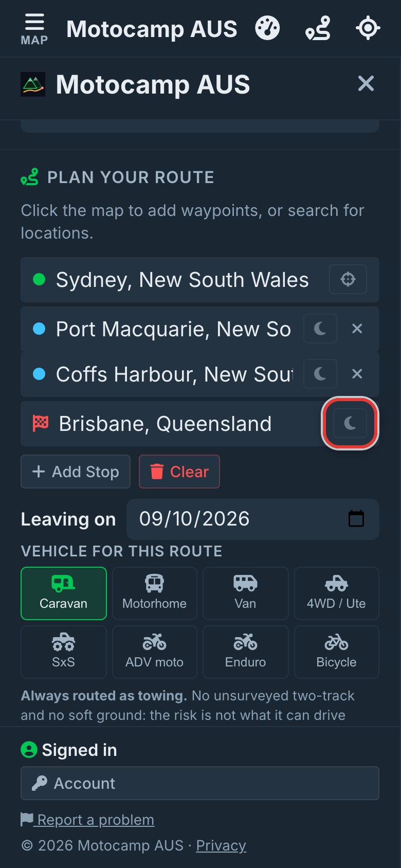 Tap the moon to pick nights, on a phone