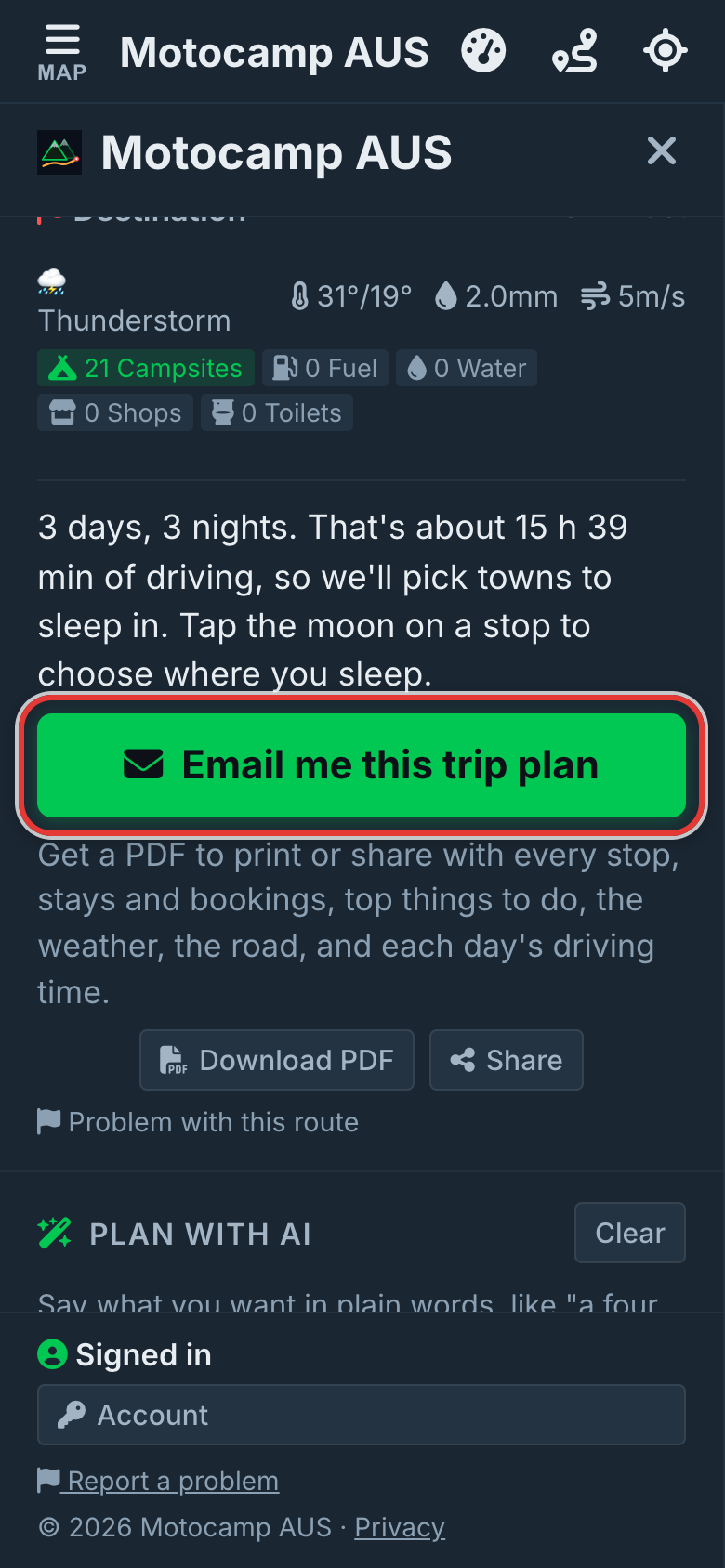 Tap Email me this trip plan, on a phone
