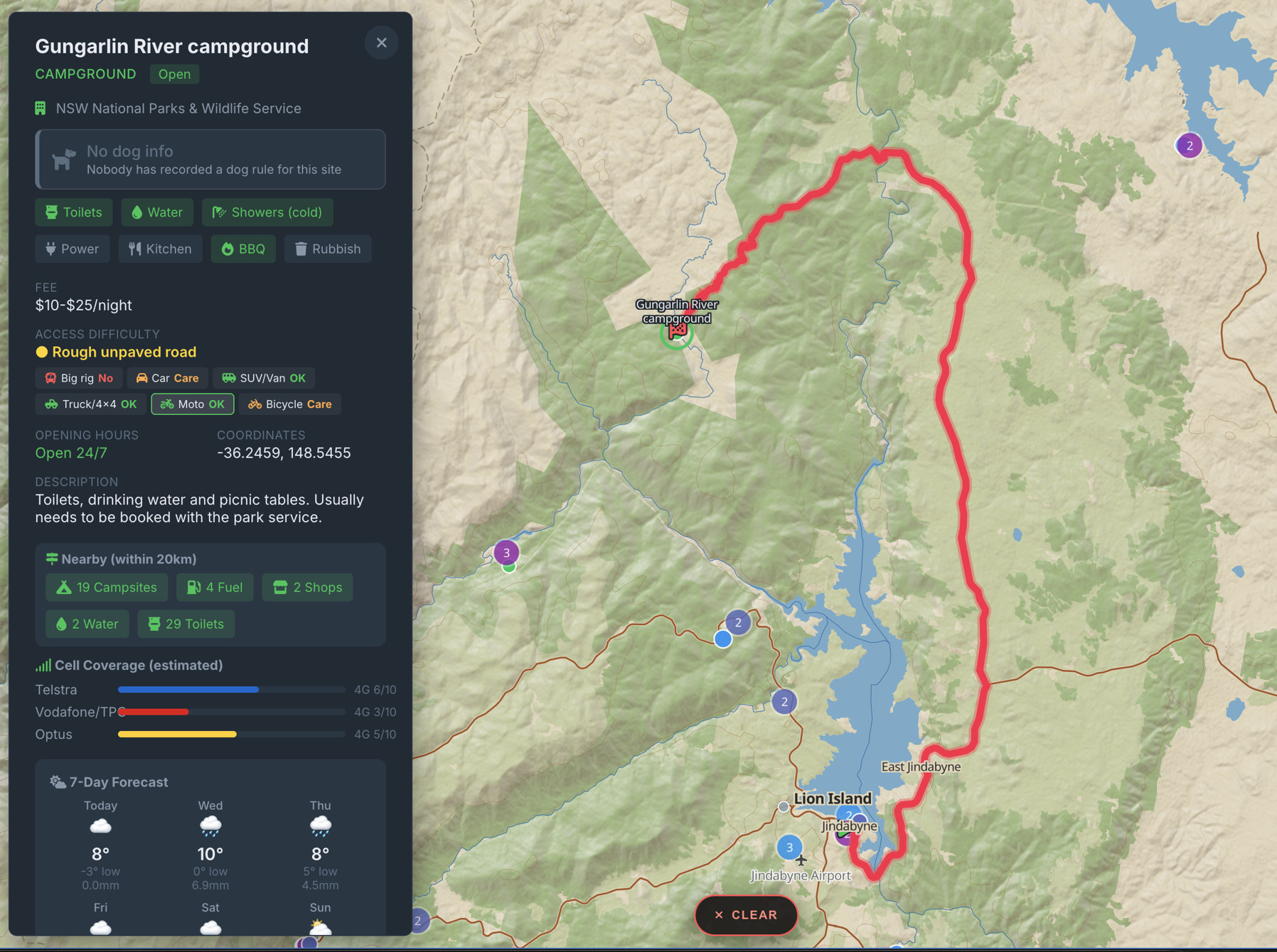 Gungarlin River campground on a planned High Country route: access rated Rough unpaved road (Big rig No, Car Care, SUV/Van OK, Truck/4x4 OK, Moto OK, Bicycle Care), plus fee, facilities, and Telstra / Optus / Vodafone coverage.