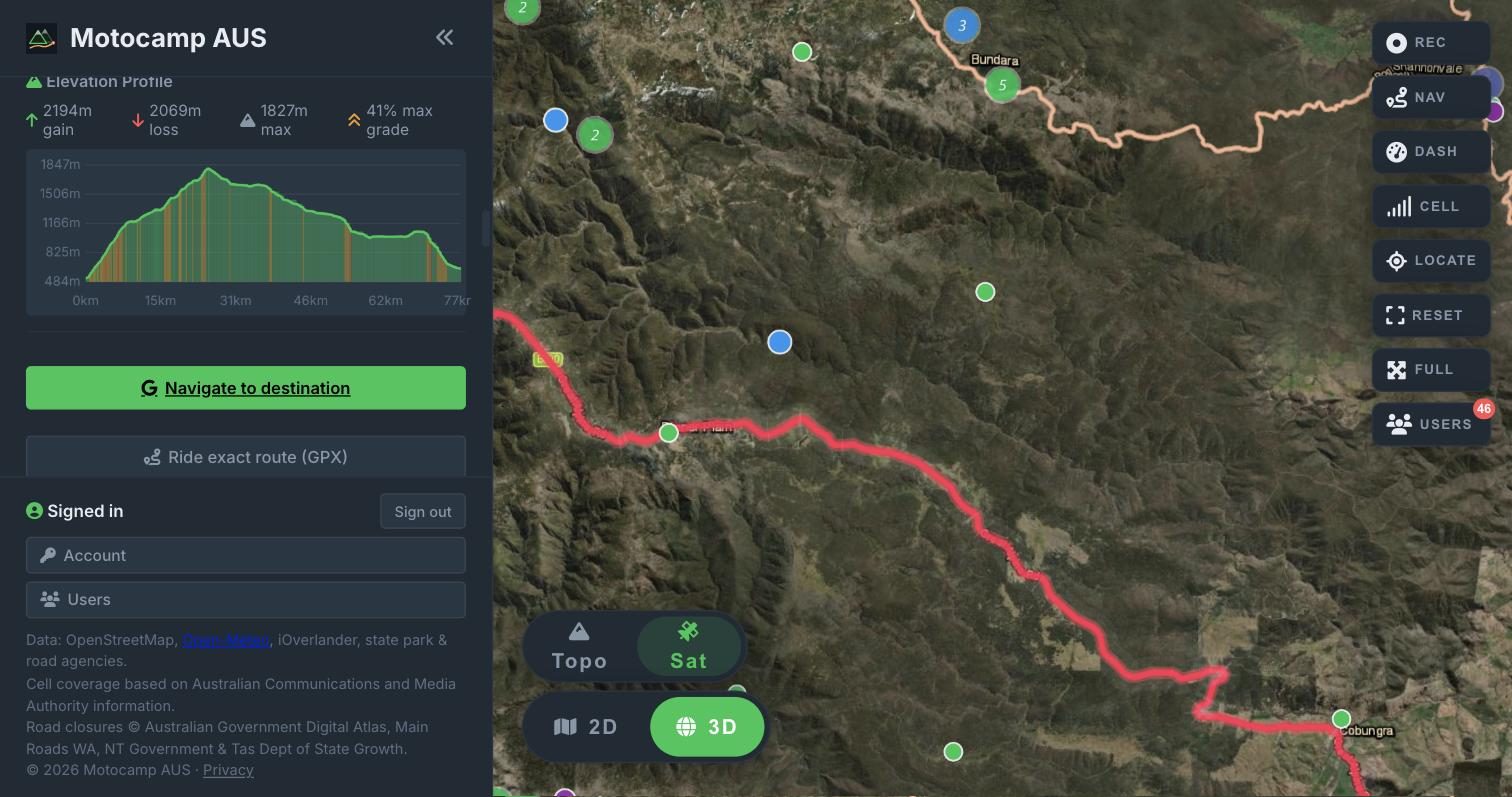 Route summary for Harrietville to Omeo across the Alps: 85km with 2,194m of climbing, 1,827m high point and 41% maximum grade, charted as an elevation profile with the route drawn over 3D satellite terrain.