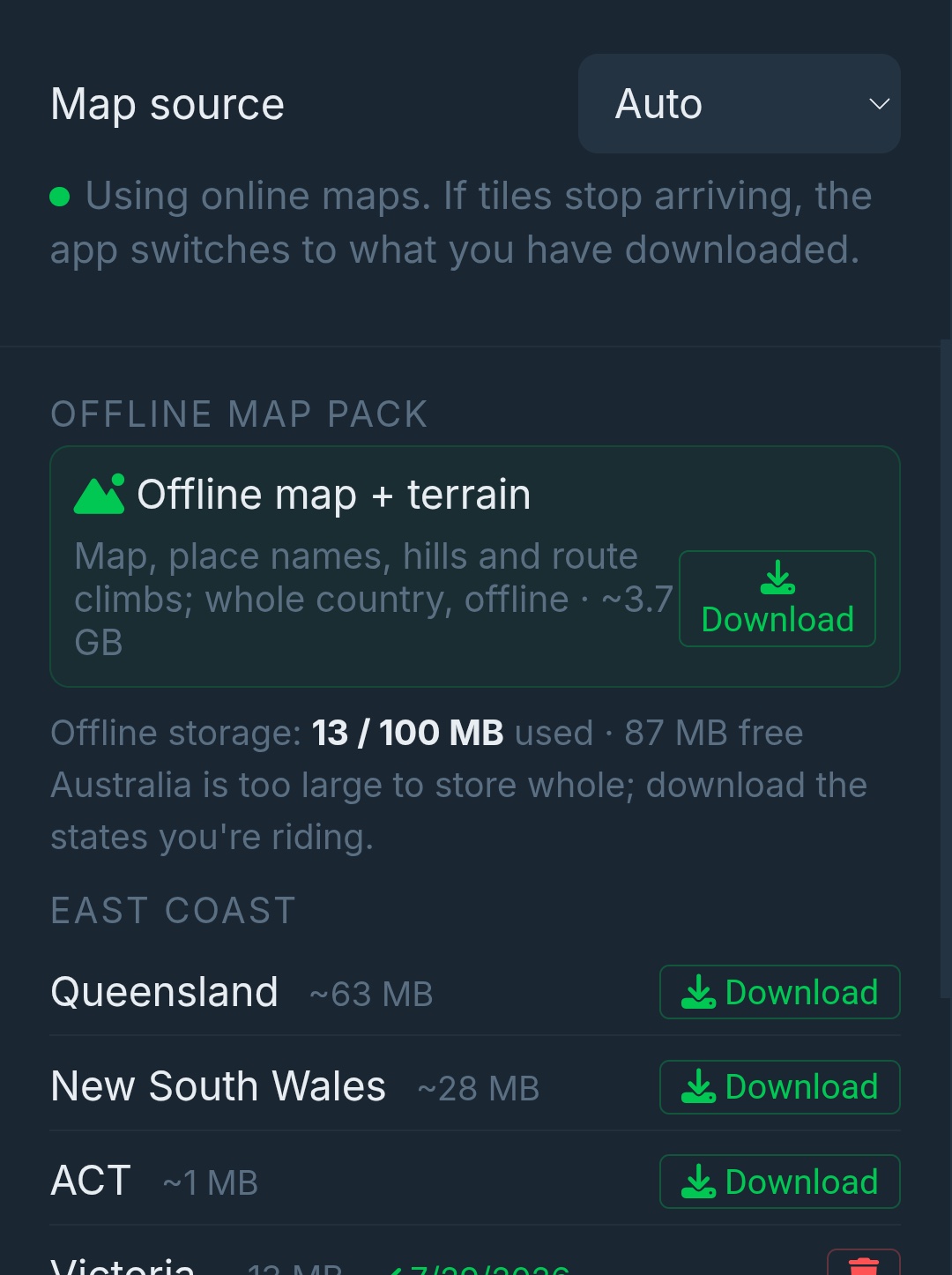 The Offline tab on a phone: Victoria downloaded and ticked, with per-state downloads listed for Queensland, New South Wales, ACT and Tasmania, and offline storage showing 13 of 100 MB used.