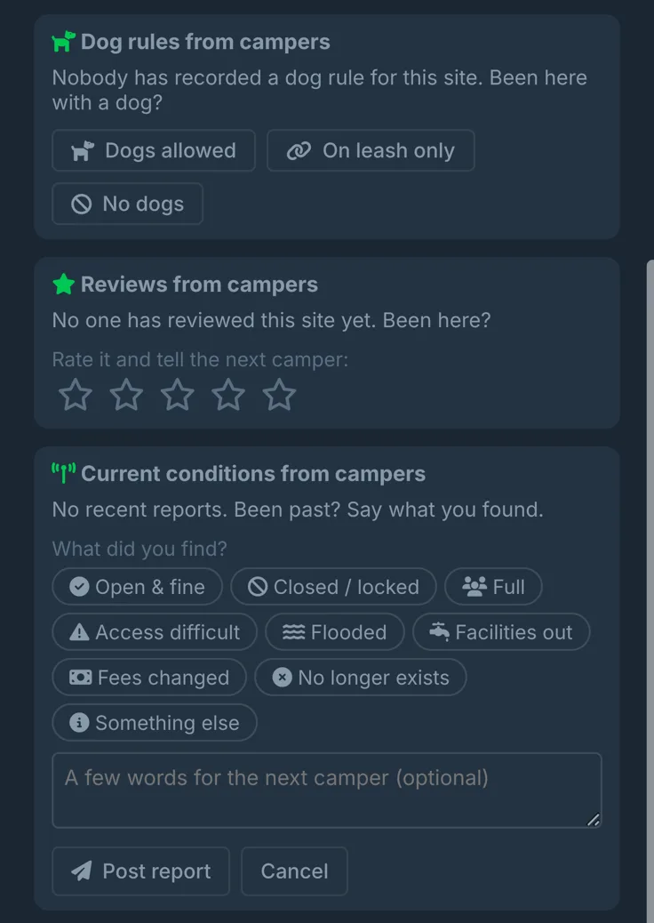 The campsite panel's review section: camper-reported dog rules with three answer buttons, a five-star review prompt, and a current-conditions report form with tags like Closed, Full, Flooded and Fees changed.