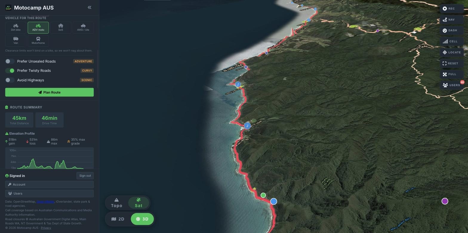 A planned route from Lorne to Apollo Bay drawn along the Great Ocean Road in 3D satellite view, with the route summary showing 45km, 46 minutes and an elevation profile.