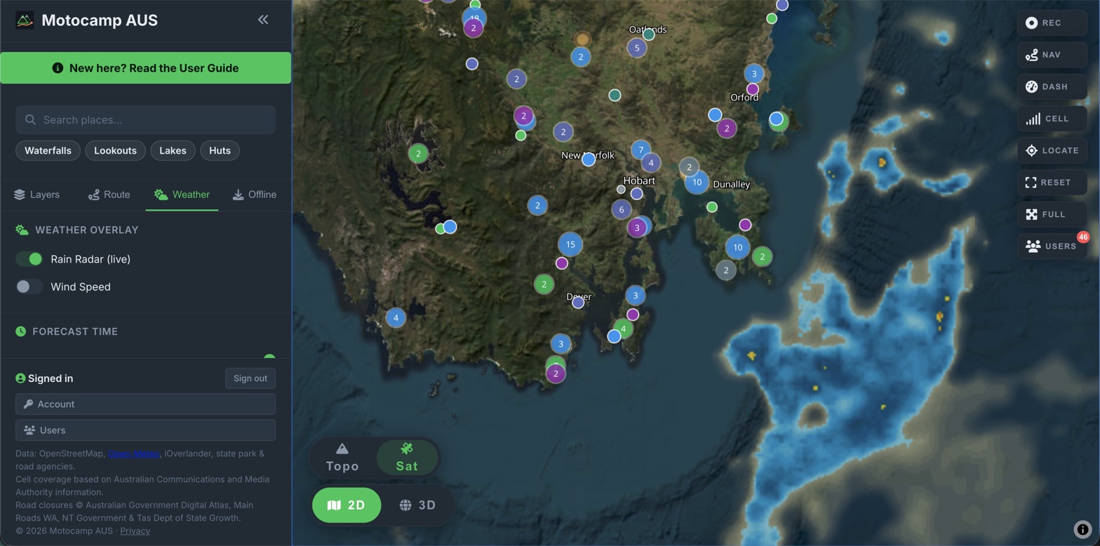 Live rain radar on the satellite map over south-east Tasmania, a broad band of showers pushing in off the Tasman towards Hobart and the Tasman Peninsula, with the Rain Radar layer switched on and campgrounds marked from Dover up to Oatlands.