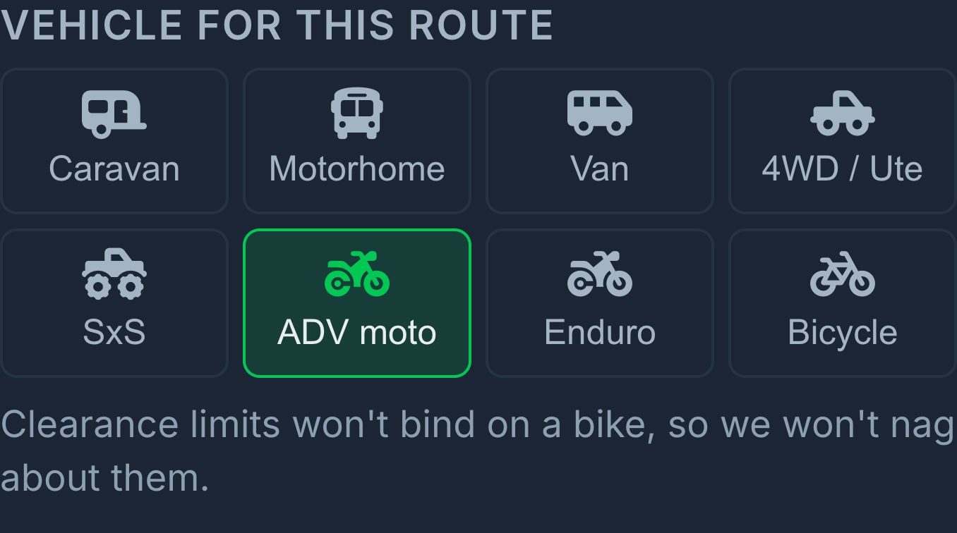 The Vehicle for this route panel in the app, with eight options: Bike, Enduro, ADV moto, SxS, 4WD / Ute, Van, Motorhome and Caravan. ADV moto is selected.